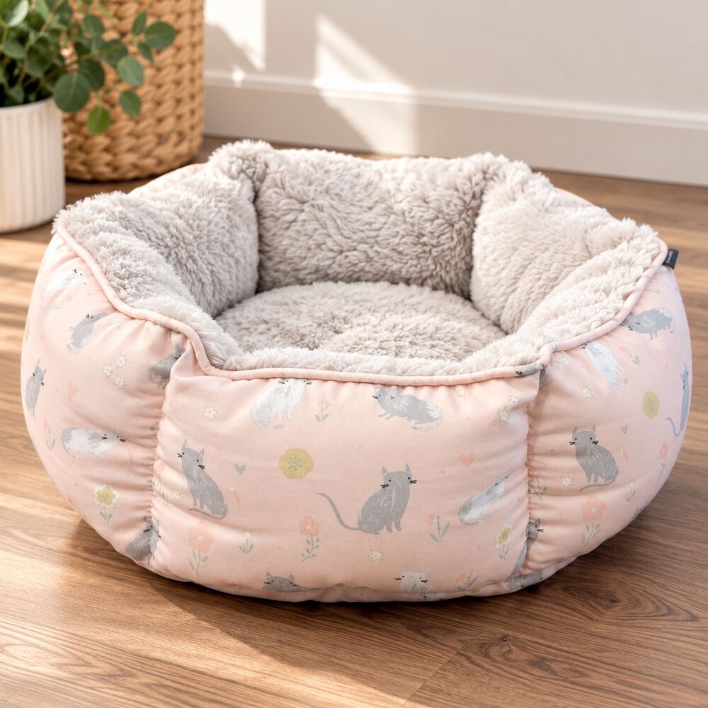 Fringe Studio Pink Cat Print Round Cuddler Pet Bed 16" Plush Unused